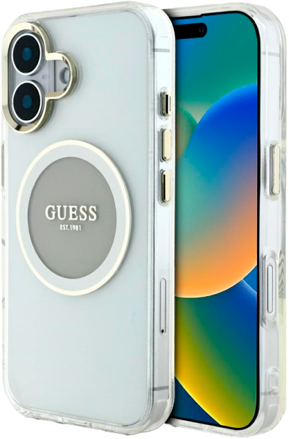 Etui Guess IML Metal Colored Circle Classic Logo MagSafe do Apple iPhone 16 Transparent/Gray (3666339428723) - obraz 1