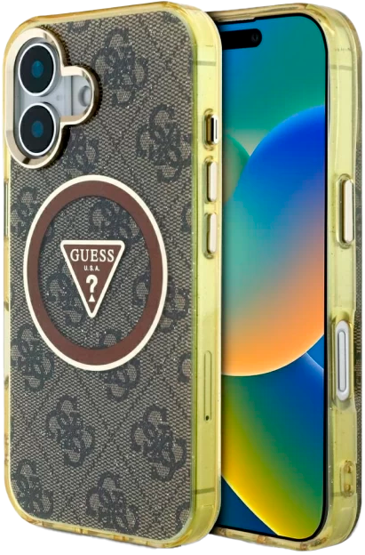 Etui Guess IML Metal Glitter 4G Circle Triangle MagSafe do Apple iPhone 16 Bronze (3666339430214) - obraz 1