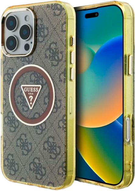 Etui Guess IML Metal Glitter 4G Circle Triangle MagSafe do Apple iPhone 16 Pro Bronze (3666339430238) - obraz 1