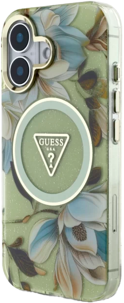 Etui Guess Glitter Flowers Triangle Buttons MagSafe do Apple iPhone 16 Green (3666339430665) - obraz 2