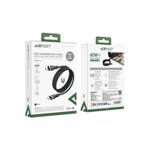 Кабель ACEFAST C11-03 Type-C to Type-C 3A, 60W, 1.2m, nylon + PVC, zinc connectors, Black - изображение 3
