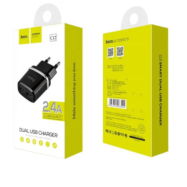 Мережевий зарядний пристрій HOCO C12 Smart dual USB charger чорний - изображение 2