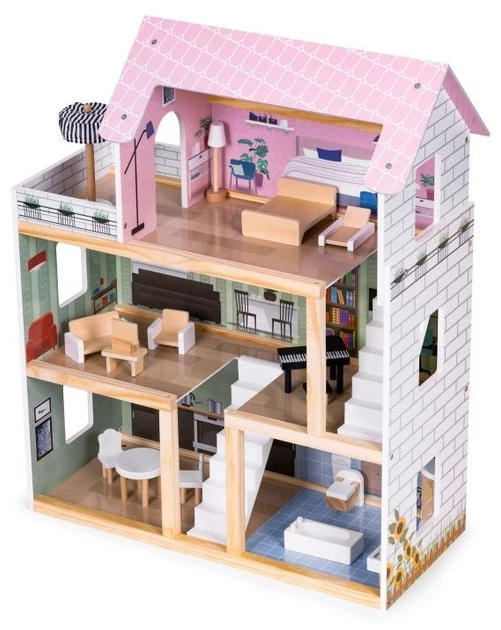 Domek dla lalek drewniany EcoToys 3 piętra Taras z kompletem 15 mebelków (5905817004003) - obraz 1