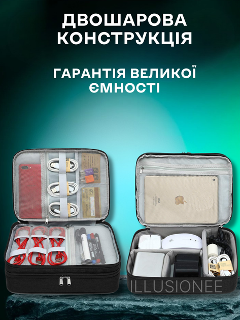 Органайзер дорожній сумка для зберігання електроніки аксесуарів ґаджетів кабелів зарядних пристроїв флешок перехідників павербанків навушників смартфонів комп’ютерних мишей подорожей 2-х секційний з 5 тримачами для проводів 27х20х10 см чорний 3DTOYSLAMP - зображення 2