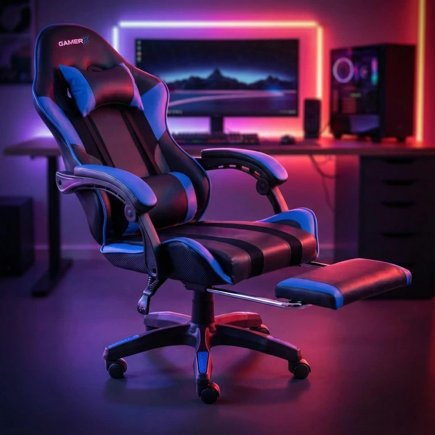 Кресло геймерское профессиональное GAMER X Blue компьютерное с подставкой для ног до 120кг + Подушки - изображение 2