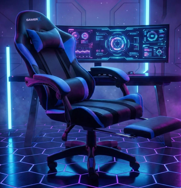 Кресло геймерское профессиональное GAMER X Blue компьютерное с подставкой для ног до 120кг + Подушки - изображение 3