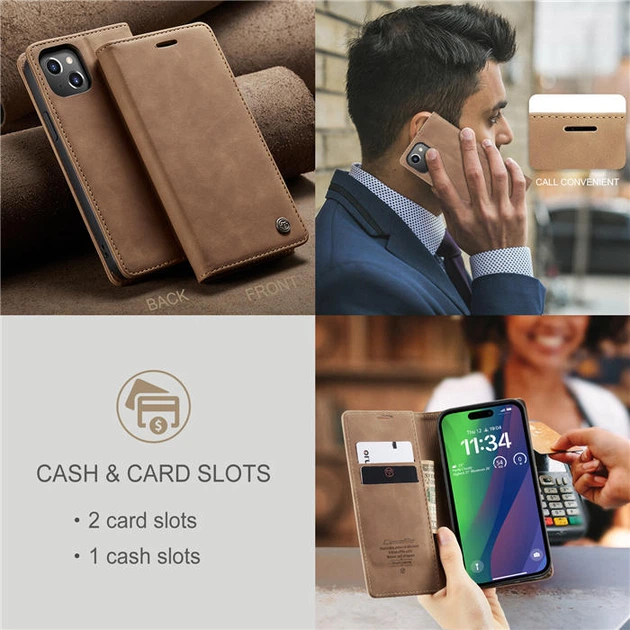 Чехол-книжка CaseMe из нубука для iPhone 13 Светло-коричневый - изображение 9