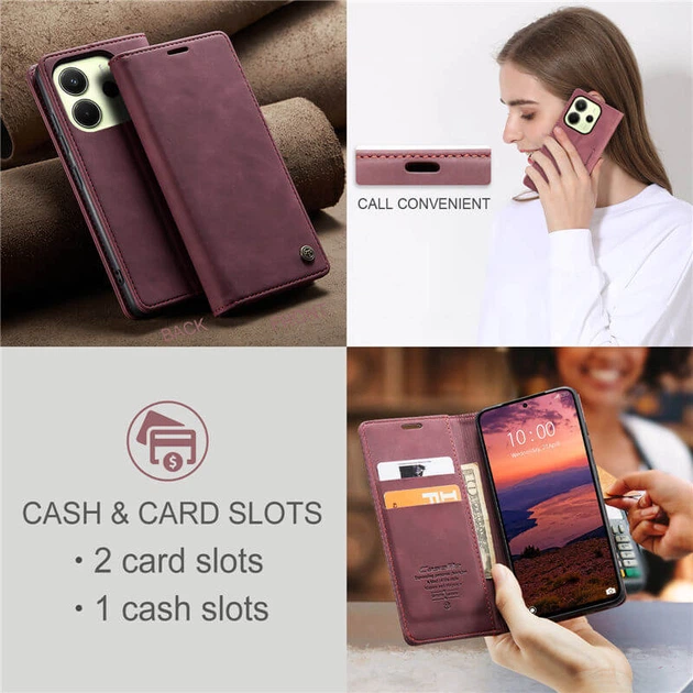 Чехол-книжка CaseMe из нубука для Xiaomi Redmi Note 14 4G (24117RN76G) Бордовый - изображение 7