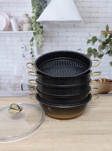 Мантоварка-пароварка с антипригарным покрытием O.M.S. Collection 6091 C-30 см 6,4 л Black-Gold - изображение 14
