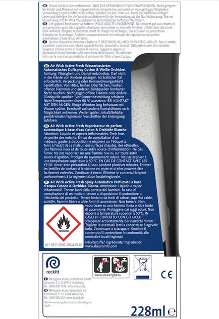 Автоматичний освіжувач повітря з наповнювачем Air WIck Active Fresh 24/7 Cotton&Wiebe Orchidee аромат чистоти та свіжості 228 мл - Фото 2 Автоматичний освіжувач повітря з наповнювачем Air WIck Active Fresh 24/7 Cotton&Wiebe Orchidee аромат чистоти та свіжості 228 мл - изображение 2