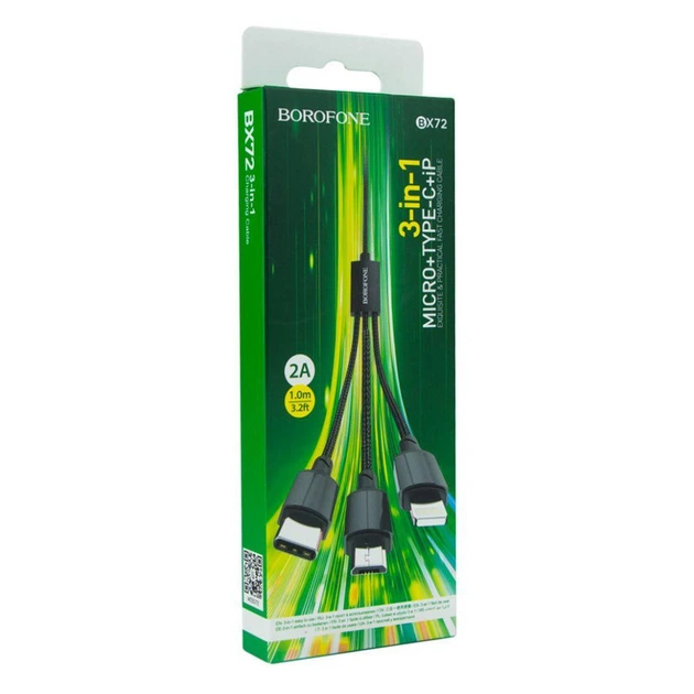 Кабель USB Borofone BX72 3-in-1 IP+Type-C+Micro Чорний - Фото 2 Кабель USB Borofone BX72 3-in-1 IP+Type-C+Micro Чорний - изображение 2