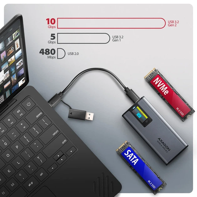 Zewnętrzna kieszeń Axagon EEM2-SD2 USB-C 10Gbps - M.2 NVMe & SATA SSD DISPLAY Grey - obraz 3