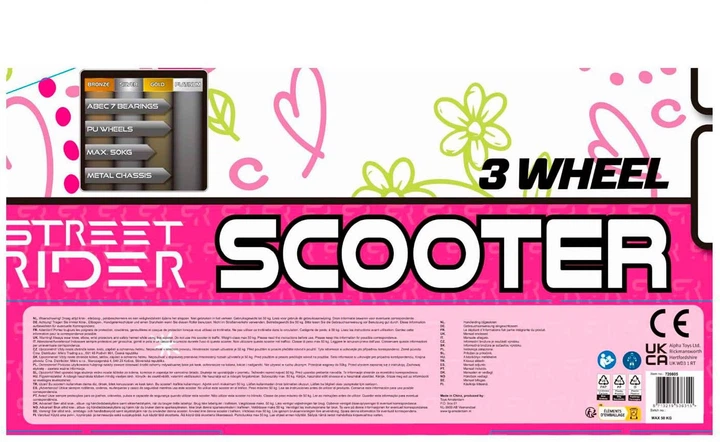 Hulajnoga dziecięca STREET RIDER 3-Wheel Scooter z regulowaną kierownicą Abec 7 Różowy (8713219536315) - obraz 3