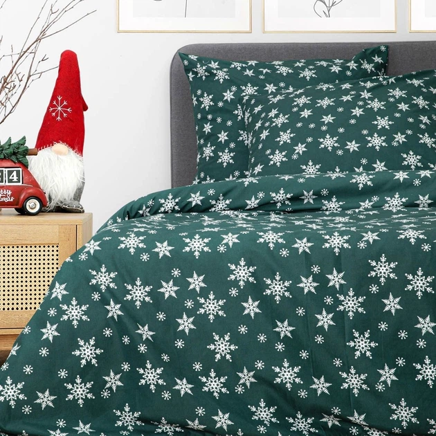 Комплект постільної білизни Homla Snoflock Підковдра 160 x 200 см + 2 наволочки на подушки 70 x 80 см зі святковим візерунком зелений (5902869986165) - зображення 10