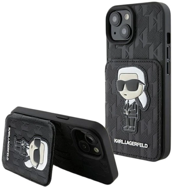 Панель Karl Lagerfeld Saffiano Cardslots and Stand Monogram Ikonik Patch для Apple iPhone 15/14/13 Black (KLHCP15SSAKKNSCK) - зображення 1
