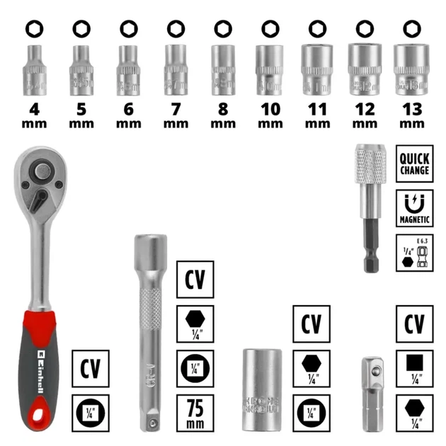 Набір біт і головок Einhell, 1/4" 4-13мм, 37шт, кейс (00124036) - Фото 6 Набір біт і головок Einhell, 1/4" 4-13мм, 37шт, кейс (00124036) - изображение 6