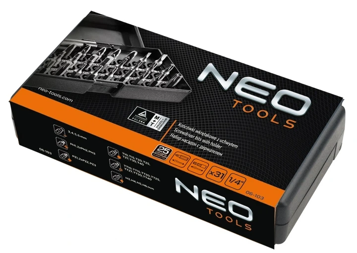 Біти Neo Tools, 31шт, 1/4", бітотримач, SL,PH,PZ,H,T,TT, 25мм, сталь S2, кейс (00124020) - Фото 2 Біти Neo Tools, 31шт, 1/4", бітотримач, SL,PH,PZ,H,T,TT, 25мм, сталь S2, кейс (00124020) - изображение 2