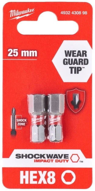 Біти Milwaukee Shockwave, Hex8х25мм, набір 2шт (00134050) - изображение 2