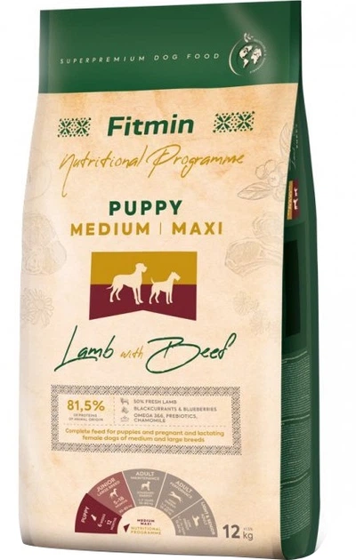 Sucha karma dla szczeniąt Fitmin Puppy Medium Maxi Jagnięcina z wołowiną 12 kg (8595237033270) - obraz 1