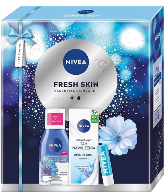 Набір для догляду за обличчям Nivea Fresh Skin 2025 Бальзам для губ 4.8 г + Крем денний 50 мл + Засіб для зняття макіяжу 125 мл (9005800394985) - зображення 1