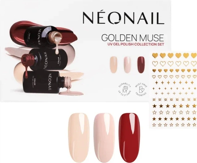 Zestaw lakierów hybrydowych do paznokci Neonail Golden Muse Blushing Red 3 ml + Sunset Nude 3 ml + Blush Flush 3 ml + Naklejki Metallic Gold 1 szt (5904553697418) - obraz 1