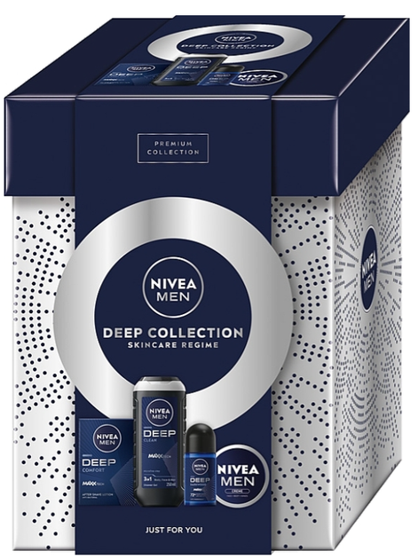 Набір для догляду за тілом Nivea Men Deep Collection Гель для душу 250 мл + Антиперспірант кульковий 50 мл + Лосьйон після гоління 100 мл + Крем 75 мл (9005800394213) - зображення 1
