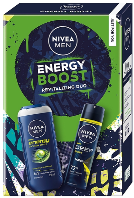 Набір доглядової косметики Nivea MEN Energy Boost 2025 Гель для душу 250 мл + Антиперспірант 150 мл (9005800394343) - зображення 1