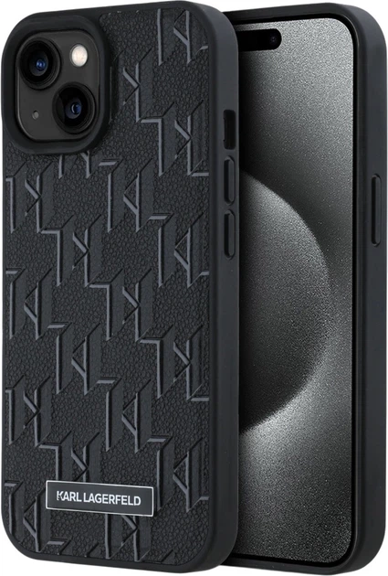 Etui plecki Karl Lagerfeld Leather Monogram Metal Logo MagSafe do Apple iPhone 15 Pro Black (3666339253646) - obraz 1