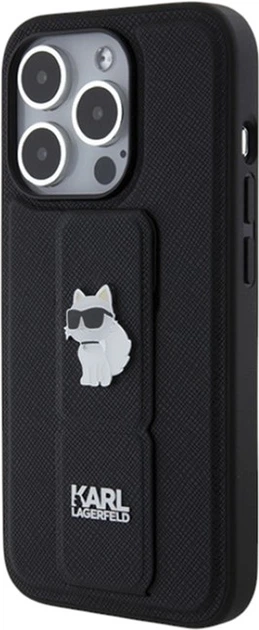 Etui Karl Lagerfeld Gripstand Saffiano Choupette Pin do Apple iPhone 15 Pro Black (KLHCP15LGSACHPK) - obraz 3
