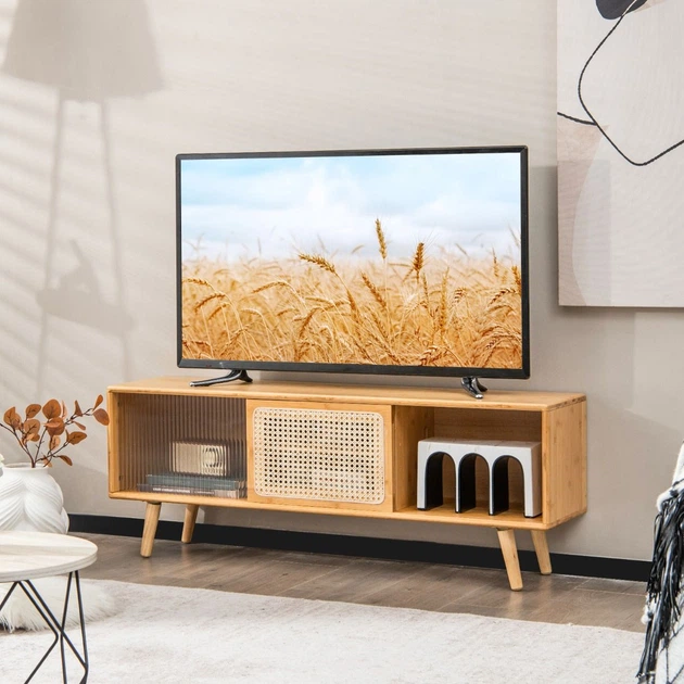 Бамбуковая TV-тумба с ротанговыми дверцами, 120,5×31×45,5 см, цвет: коричневый Costway - изображение 5