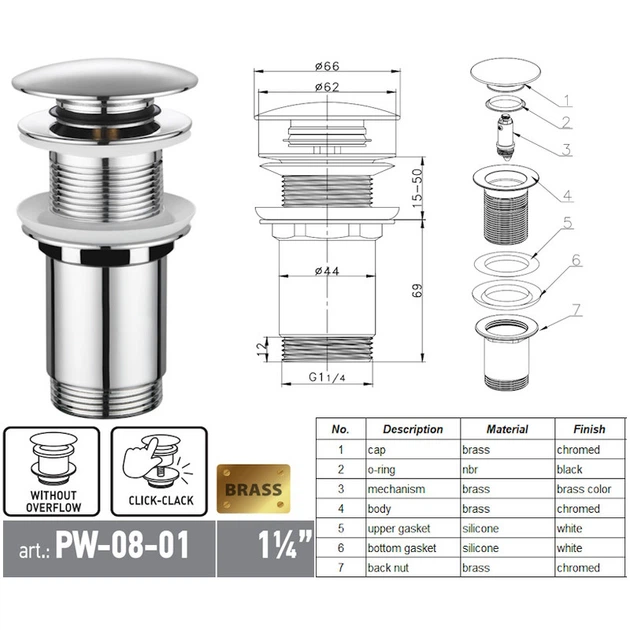 Донний клапан для раковини Koer PW-08-01 1 1/4'' без переливу автоматичний СLICK-СLACK (Колір хром ( 18492 ) - изображение 8