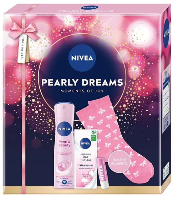 Zestaw Nivea Pearly Dreams Antyperspirant 72h 150ml + Nourishing Day Cream odzywczy krem na dzien SPF15 50ml + Pearly Shine pielegnujaca pomadka do ust 4.8 g + skarpetki (5900017102702) - obraz 1