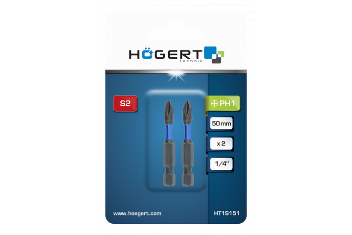 Длинные биты PH1 ударные 50 мм сталь S2 2 шт Hogert (HT1S151) - Фото 2 Длинные биты PH1 ударные 50 мм сталь S2 2 шт Hogert (HT1S151) - изображение 2