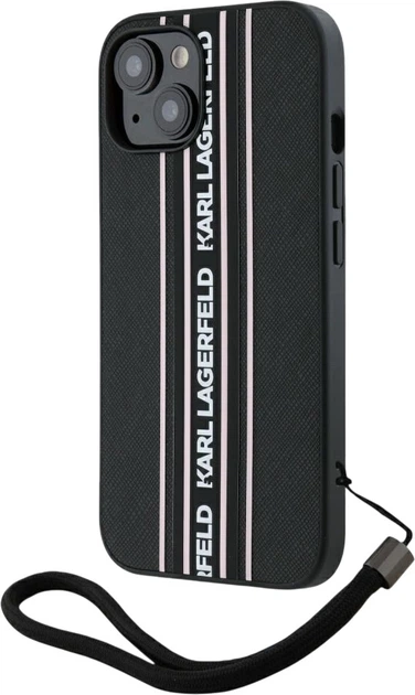 Etui plecki Karl Lagerfeld Saffiano Athleisure Stripes Cord do Apple iPhone 15 Black/Pink (3666339254742) - obraz 2