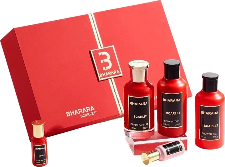 Zestaw unisex Bharara Scarlet Woda perfumowana 100 ml + Balsam do ciała 200 ml + Żel pod prysznic 200 ml + Miniaturka Woda perfumowana 10 ml + Miniaturka Woda perfumowana Rose 10 ml (850050062561) - obraz 1