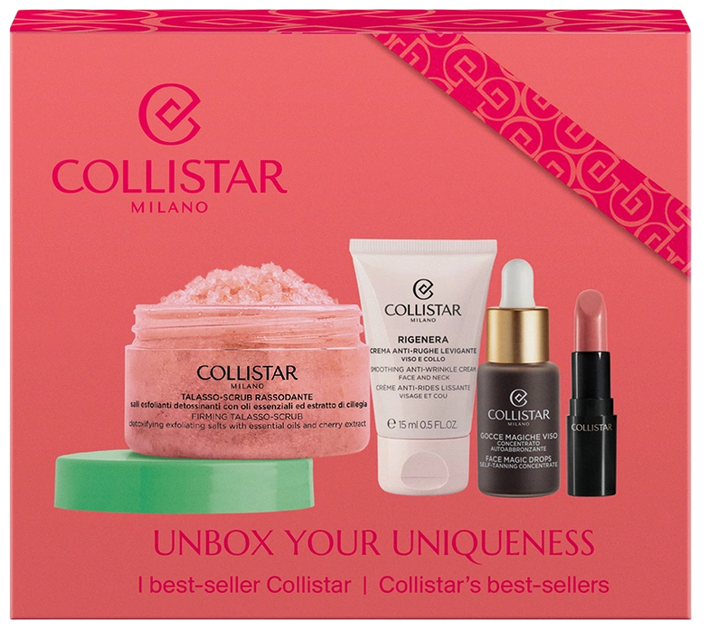 Набір Collistar Xmas 2025 Unbox Your Uniqueness міні-помада для губ 102 1.2 мл + автобронзувальний концентрат для обличчя 10 мл + Rigenera крем проти зморшок для шкіри навколо очей 15 мл + зміцнювальний скраб для тіла 70 г (8015150009485) - зображення 1