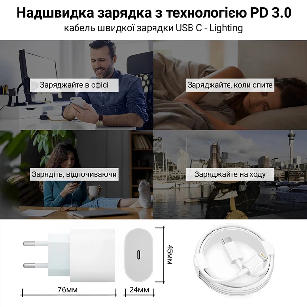 Сетевое зарядное устройство для iPad IPhone 14/13/12 20W USB-C + кабель type-c lightning 1М Комплект быстрой зарядки White - Фото 3 Сетевое зарядное устройство для iPad IPhone 14/13/12 20W USB-C + кабель type-c lightning 1М Комплект быстрой зарядки White - изображение 3