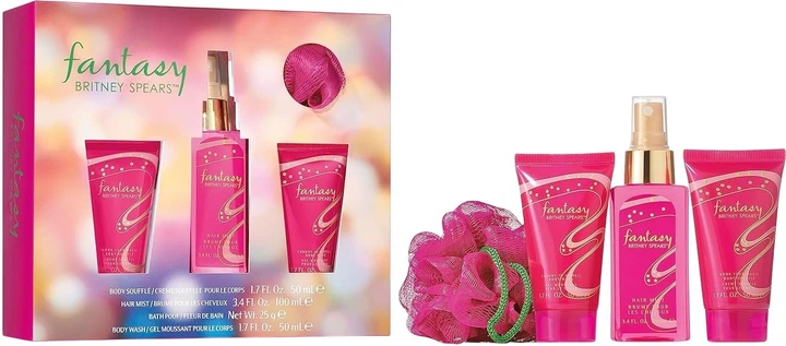 Zestaw kosmetyków do pielęgnacji ciała Britney Spears Fantasy Mgiełka do włosów w sprayu 100 ml + Sufle do ciała 50 ml + Płyn do mycia 50 ml + Myjka pod prysznic (719346264518) - obraz 1