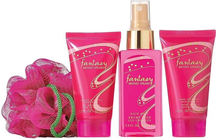 Zestaw kosmetyków do pielęgnacji ciała Britney Spears Fantasy Mgiełka do włosów w sprayu 100 ml + Sufle do ciała 50 ml + Płyn do mycia 50 ml + Myjka pod prysznic (719346264518) - obraz 3