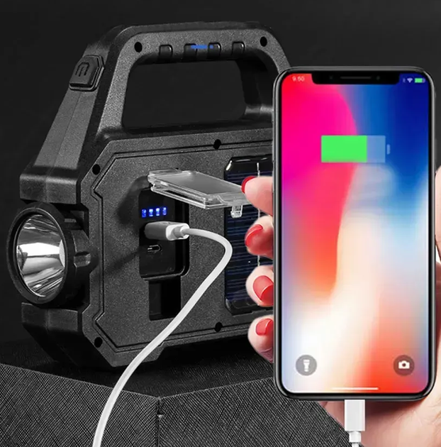 Ліхтар ручний, з USB-зарядкою, з сонячною панеллю, 7 режимів, 1200мАч, YT-880B / Прожектор (L) - зображення 2