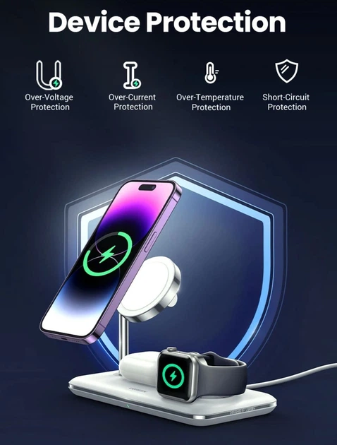 Зарядний пристрій Qi2 UGREEN 3-in-1 Wireless Charger (CD278) для iPhone 17/17 Pro/17 Pro Max, iPhone 16/15/14/13/12 Series - изображение 2