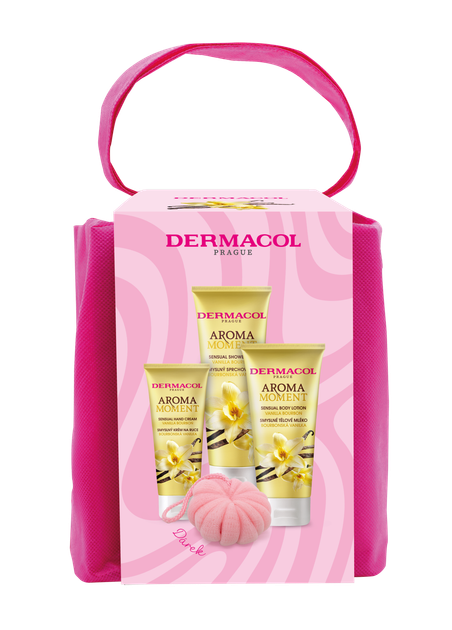 Zestaw Dermacol Aroma Moment Vanilla Bourbon żel pod prysznic 250 ml + balsam do ciała 200 ml + krem do rąk 100 ml + gąbka do ciała (8595003138406) - obraz 1