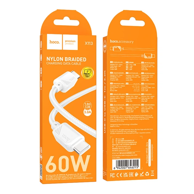 Кабель USB Hoco X113 Type-C to Type-C 60W Колір Чорний - Фото 2 Кабель USB Hoco X113 Type-C to Type-C 60W Колір Чорний - зображення 2