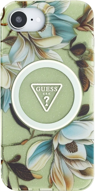 Панель Guess IML Metal Glitter Flowers Triangle MagSafe для Apple iPhone 16e Green (GUHMPSE4HFLPEDN) - зображення 1