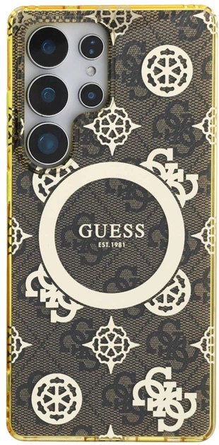 Etui Guess 4G Background Gold Electroplated Peony Pattern MagSafe do Samsung Galaxy S25 Ultra Brown (3666339449728) - obraz 3
