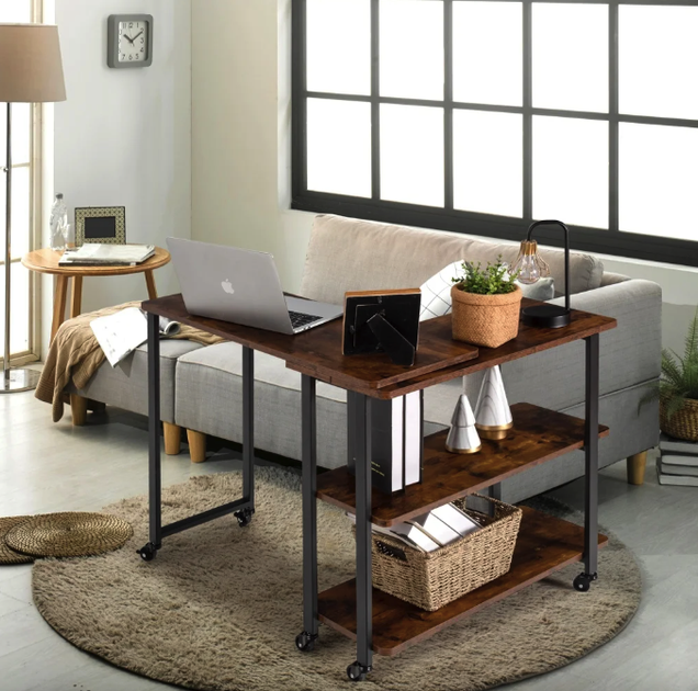 Стіл L-подібний Costway King Loft поворотний 360° з полицями Black - зображення 9