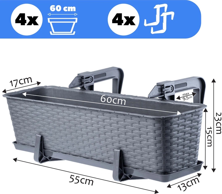 Балконний горщик з ручками Kadax Castro K8212 4 шт. Графітовий - зображення 6