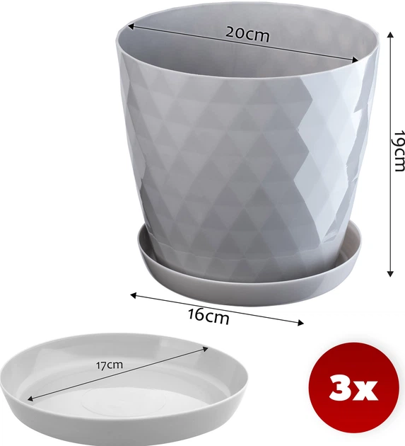 Квітковий горщик з блюдцем Amily 20 см 3 шт. Сірий (K8154) - зображення 3