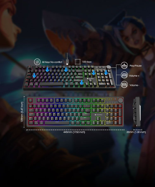 Koorui MK104 Повнорозмірна Механічна Ігрова Клавіатура з RGB Підсвіткою, USB Type-C, Анти-грізінг - Фото 3 Koorui MK104 Повнорозмірна Механічна Ігрова Клавіатура з RGB Підсвіткою, USB Type-C, Анти-грізінг - зображення 3