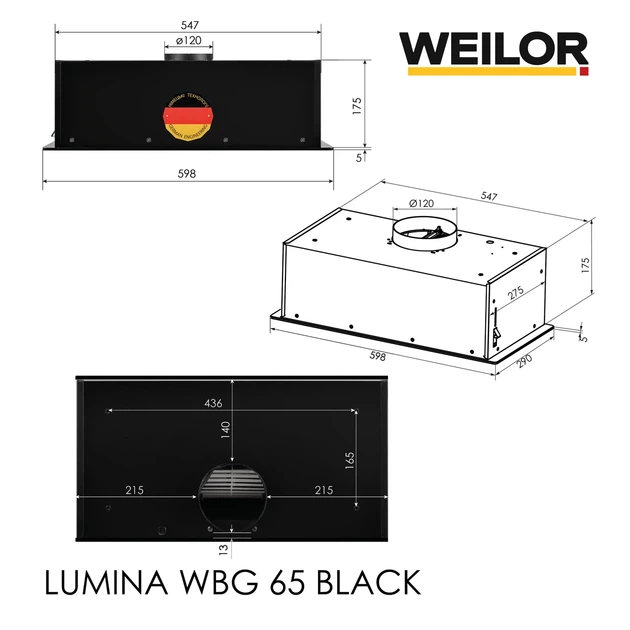Сенсорная кухонная вытяжка WEILOR LUMINA WBG 65 BLACK черная полновстраиваемая, управление жестами - изображение 2